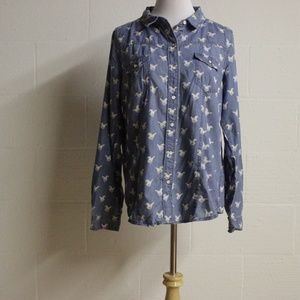 Anthropologie L Novelty Horse Print Chambray Shirt